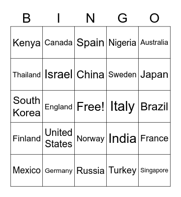 Countries Bingo Card