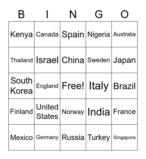 Countries Bingo Card