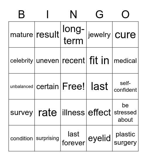 Unit 10 Teenagers Getting Plastic Surgery Bingo Card