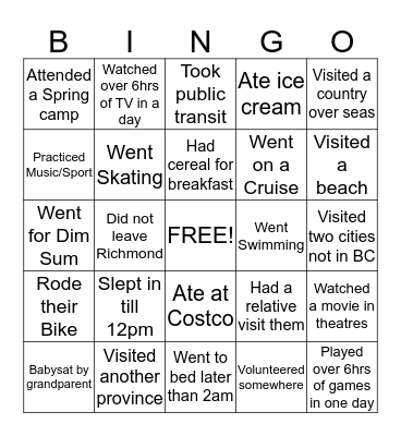 Spring Break BINGO Card