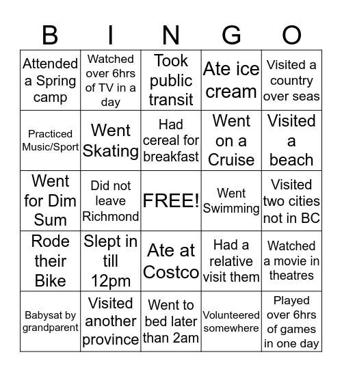 Spring Break BINGO Card