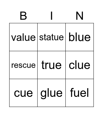 ue Bingo Card