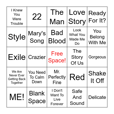 New Taylor Swift Bingo Card