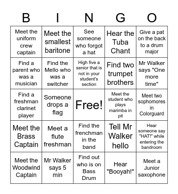 LHS Band Camp Volunteer Bingo Card