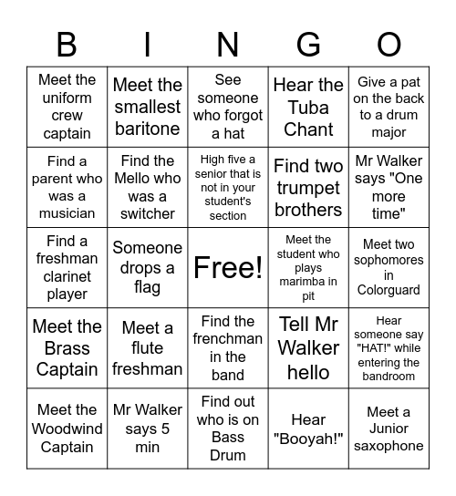 LHS Band Camp Volunteer Bingo Card