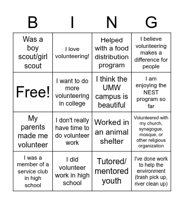 Volunteer Bingo Card