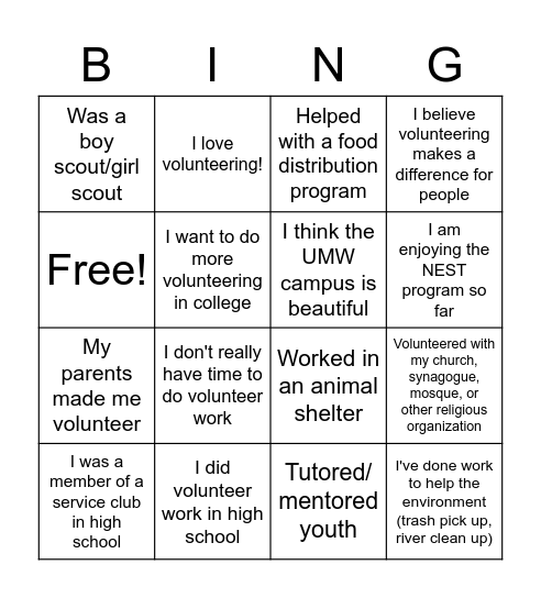 Volunteer Bingo Card