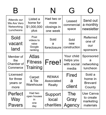 Realtors & Friends Luncheon Bingo Card