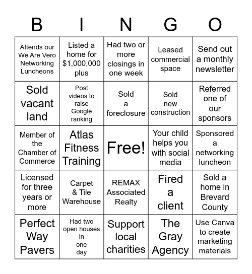 Realtors & Friends Luncheon Bingo Card