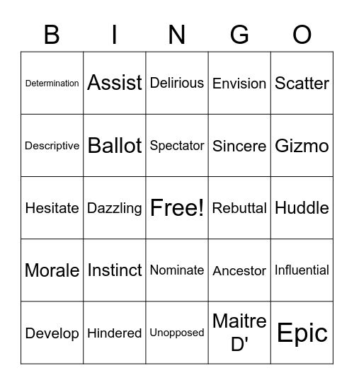 Vocabulary BINGO Card