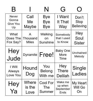 Iconic Songs Bingo Card