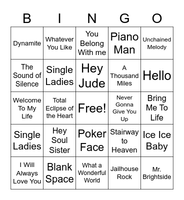 Iconic Songs Bingo Card