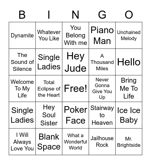 Iconic Songs Bingo Card