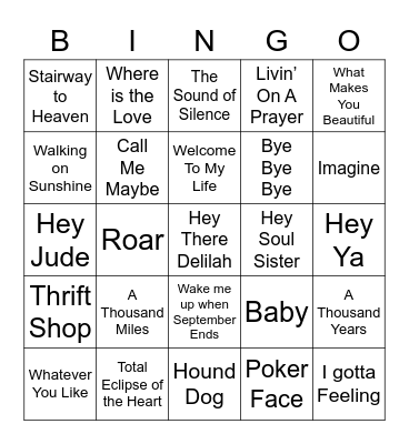 Iconic Songs Bingo Card