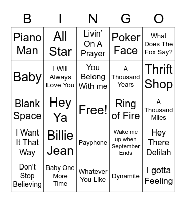 Iconic Songs Bingo Card