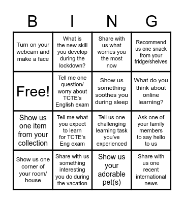 313 Warm up Bingo Card