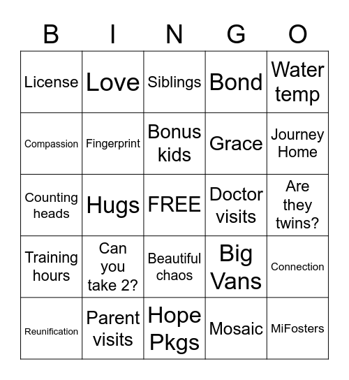 Foster Momma Bingo Card