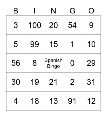 Numbers Bingo Card