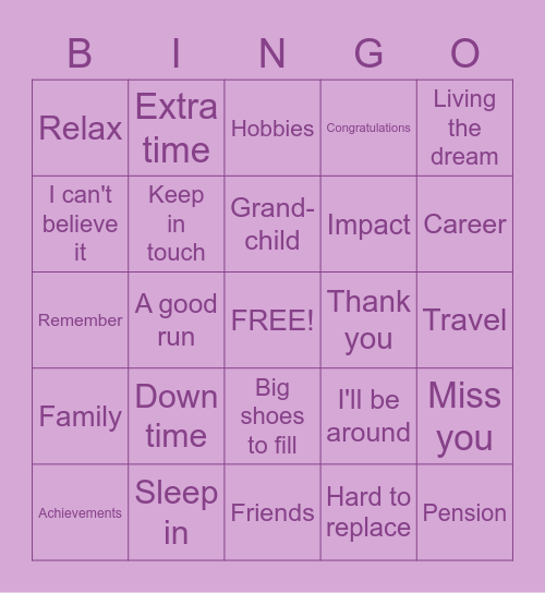 Retirement Bingo Card