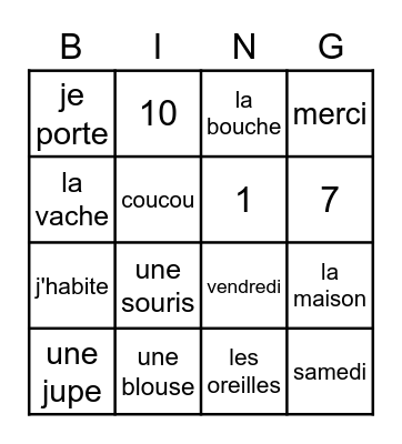 Franse woordjes Bingo Card