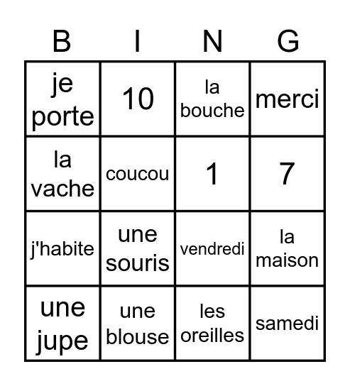 Franse woordjes Bingo Card