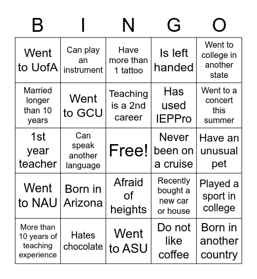 Welcome to Peoria Bingo Card