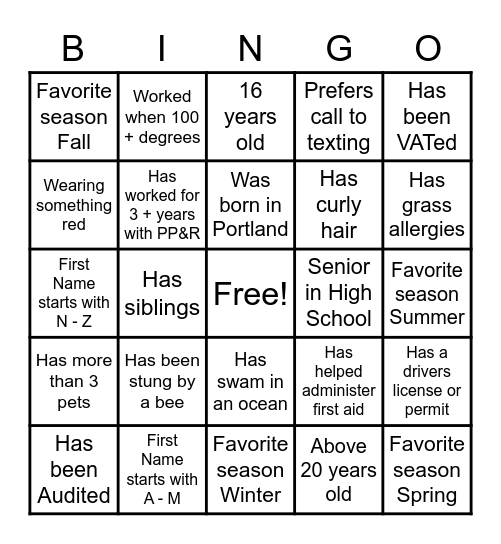 Summer Icebreaker Bingo Card