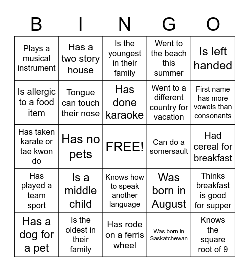 Get to know you Bingo Card