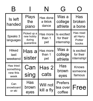 2021 Virtual Intern Tea & Networking Bingo Card