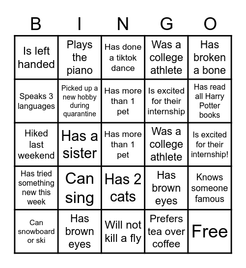 2021 Virtual Intern Tea & Networking Bingo Card