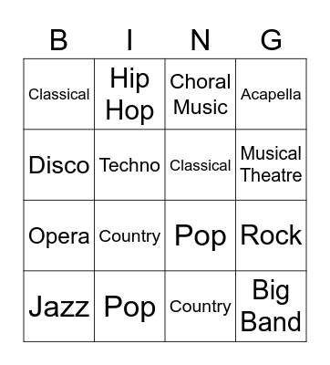 Music Genres Bingo Card
