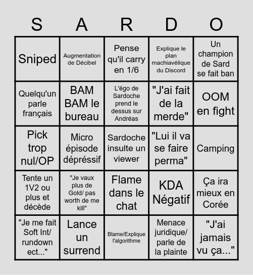Sardoche LOL Bingo 2021 Bingo Card