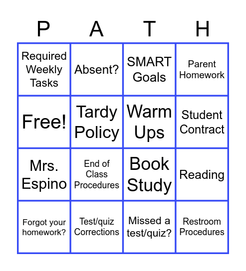 PATH Procedures Bingo Card