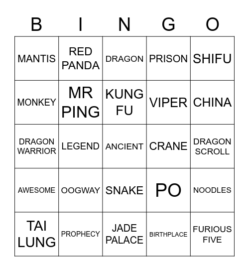 Kung Fu Panda Bingo Card
