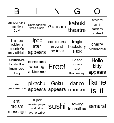 Tokyo opening ceremony Bingo Card