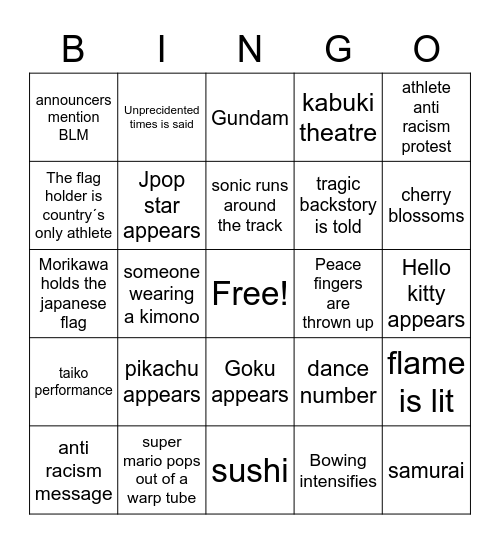 Tokyo opening ceremony Bingo Card