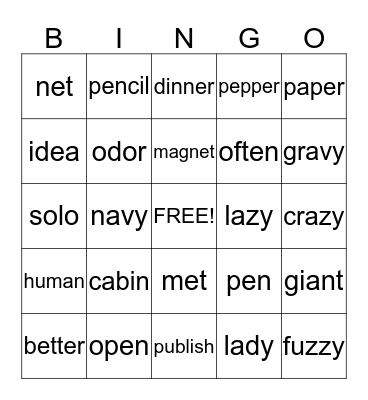 Closed/Open Syllables Bingo Card