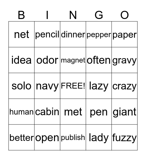 Closed/Open Syllables Bingo Card
