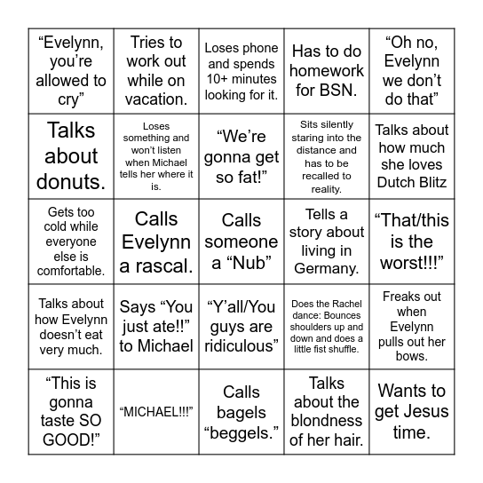 Rachel's Bingo Card