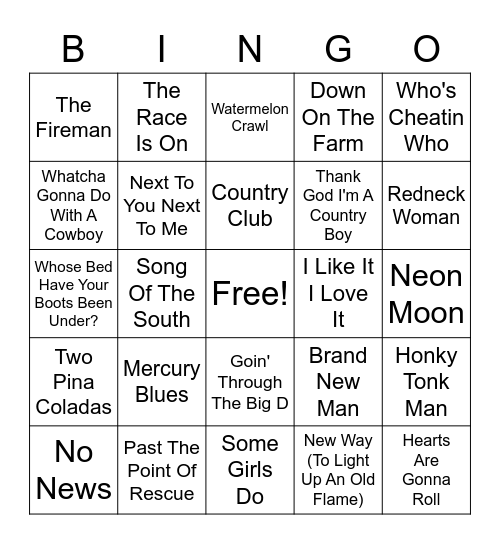 Country hits Bingo Card