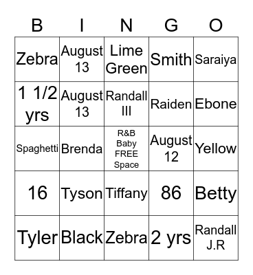 Randall J.R and Bree's Baby Bingo Card