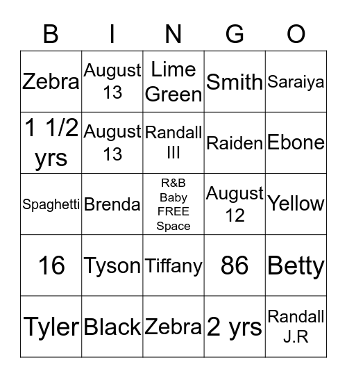 Randall J.R and Bree's Baby Bingo Card