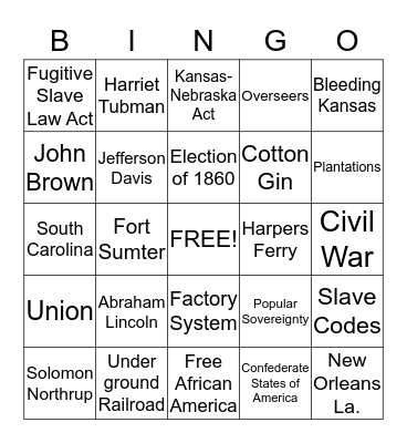 The Causes of the Civil War Bingo Card