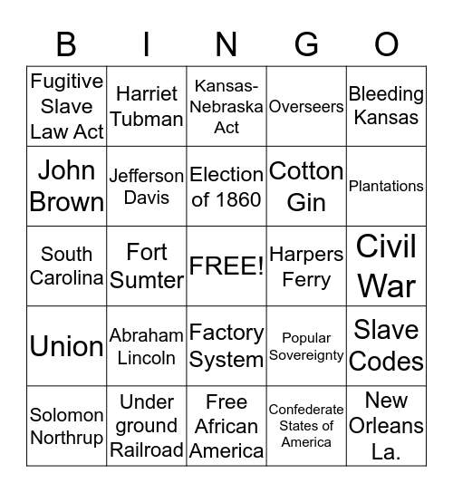 The Causes of the Civil War Bingo Card