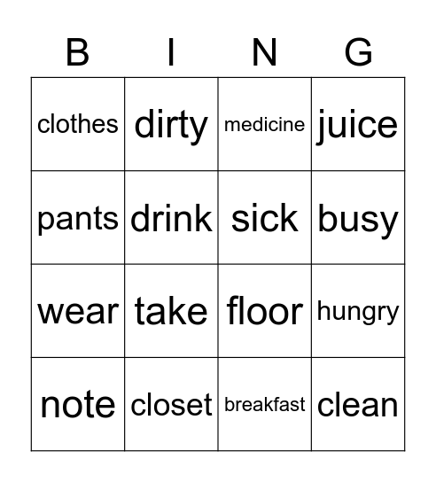 U3 Vocabulary Bingo Card