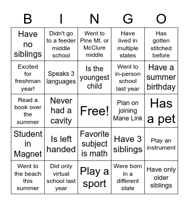 Mustang Way Bingo Card