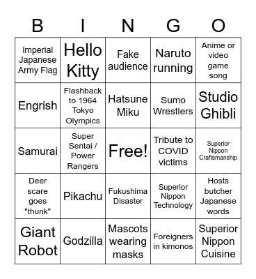 Tokyo Olympics Opening Ceremony Bingo Card
