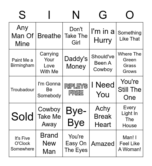 90's Country SINGO Bingo Card
