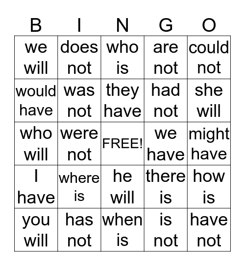 Contraction Bingo Card