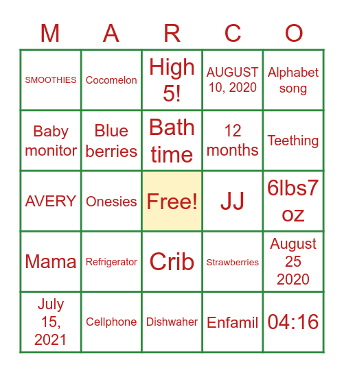 All about Marco! Bingo Card